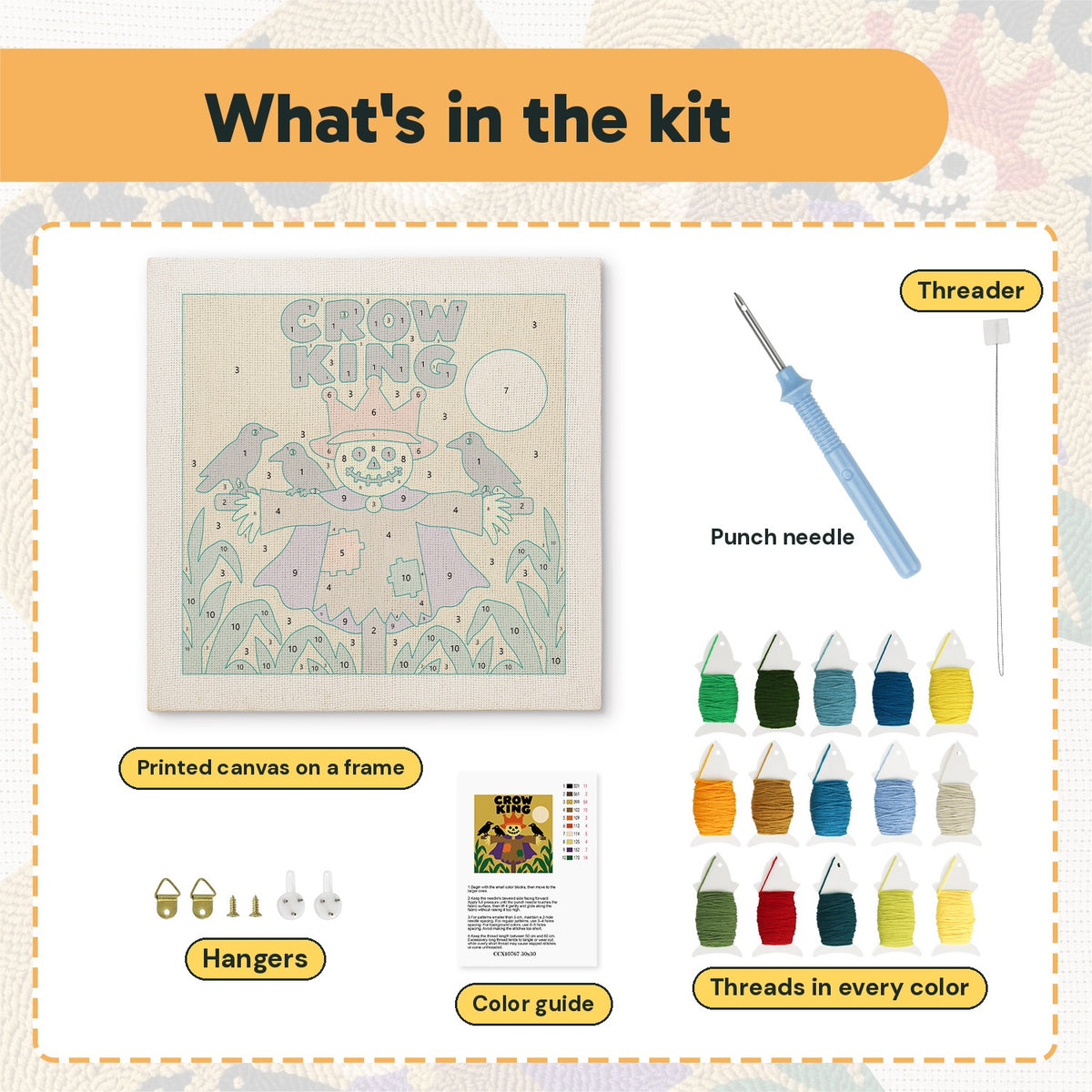 What is in the Crow King Scarecrow kit: printed canvas, punch needle, threader, threads, color guide and hangers