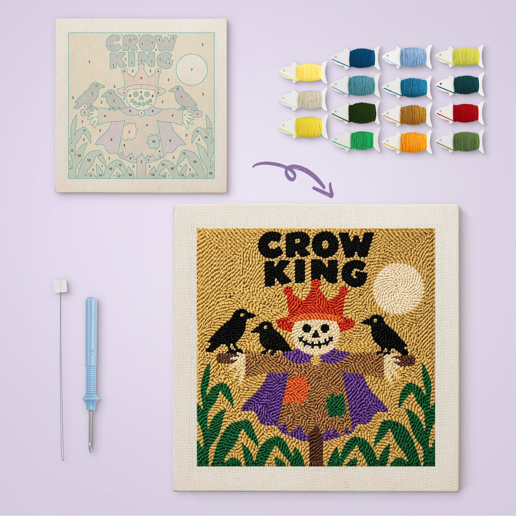 Crow King Scarecrow canvas before and after punching, with the threads and tools