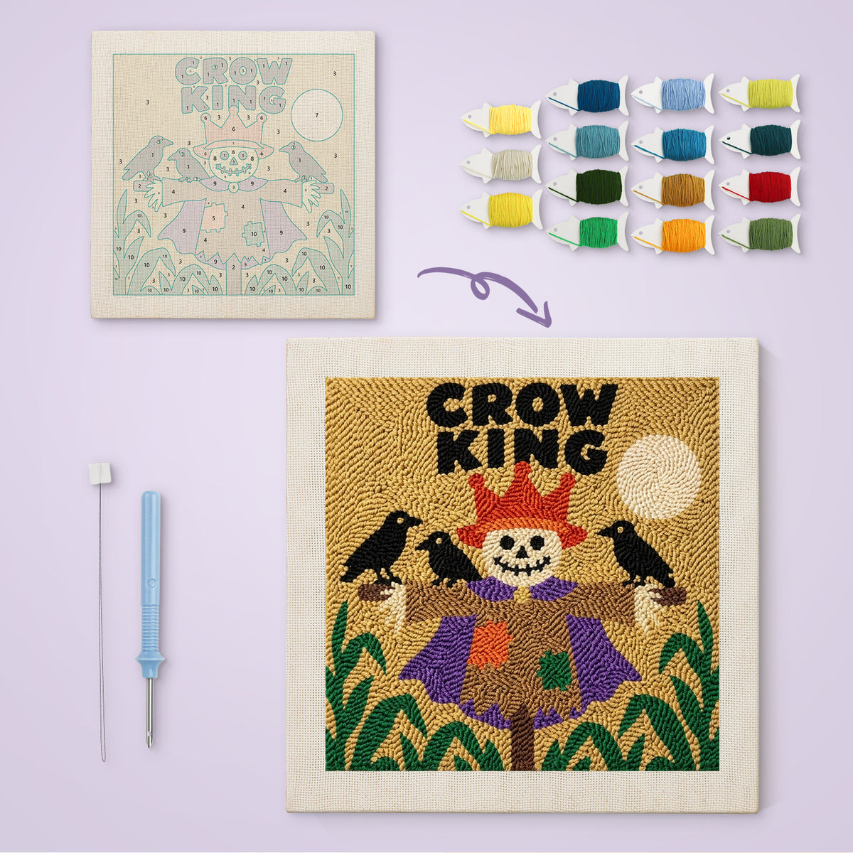 Crow King Scarecrow canvas before and after punching, with the threads and tools