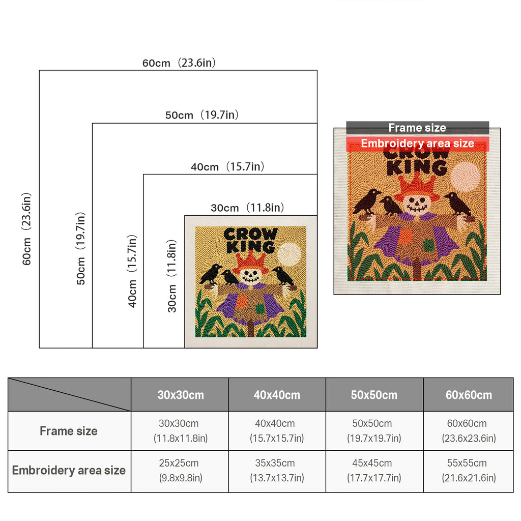 Size chart for square punch needle kits from 30 x 30 cm to 60 x 60 cm