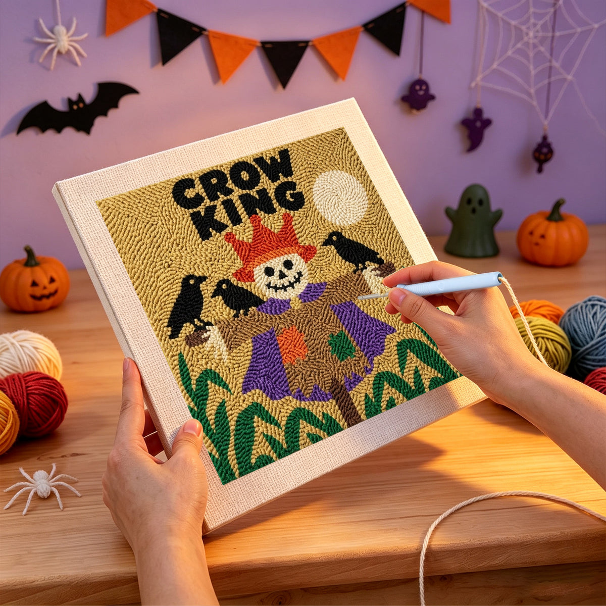 Punching the Crow King Scarecrow design with the punch needle
