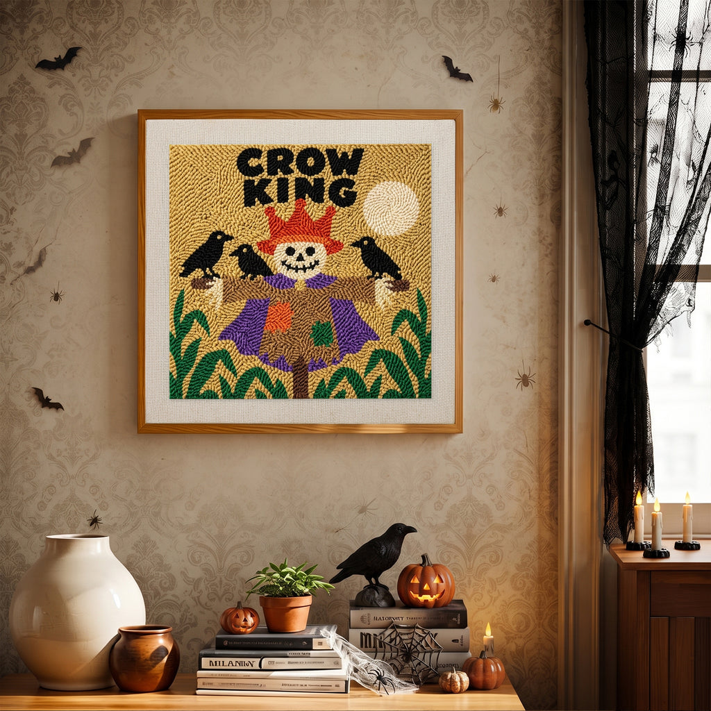 Finished Crow King Scarecrow punch needle canvas on a wall