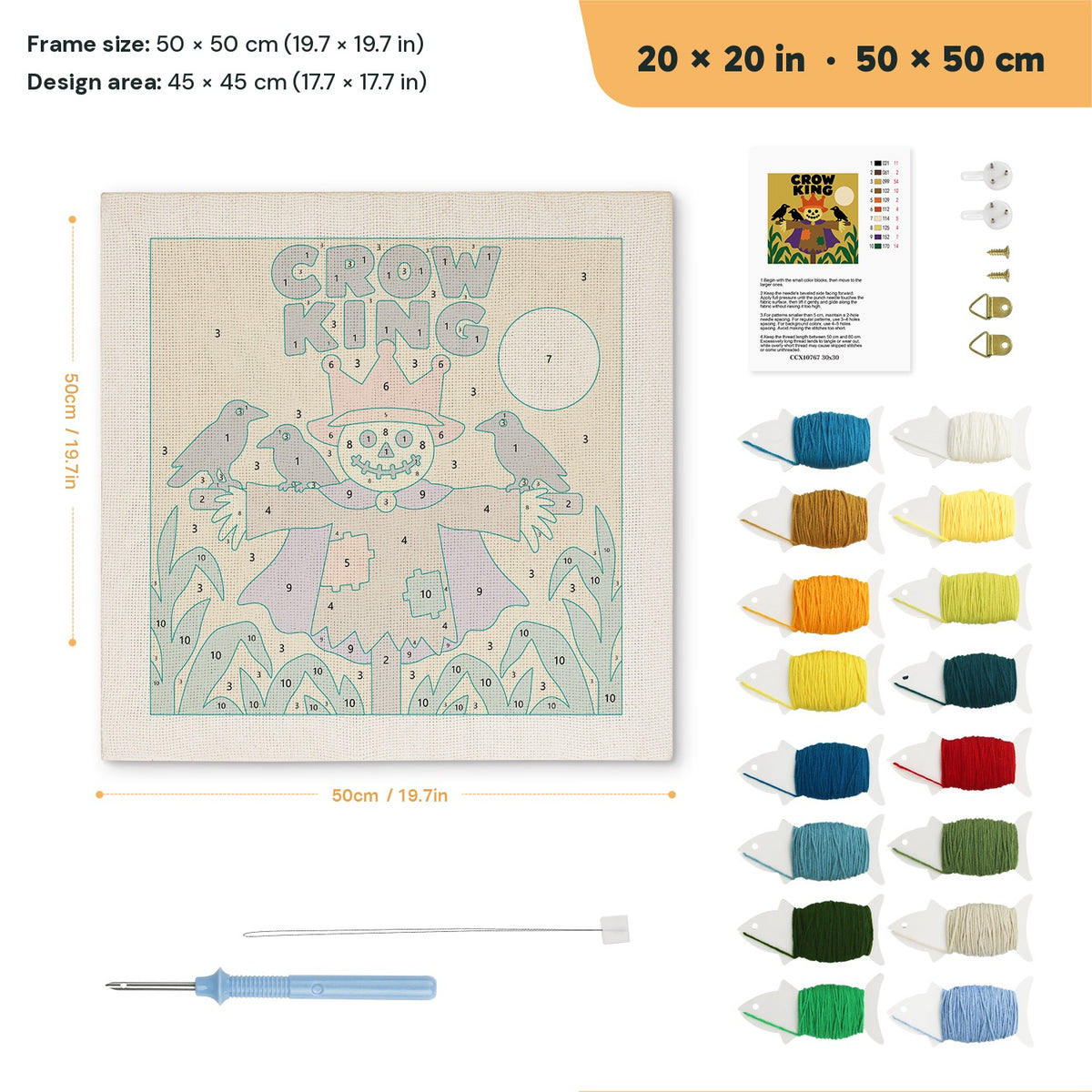 Crow King Scarecrow punch needle kit, 20 × 20 in (50 × 50 cm): canvas size and kit contents