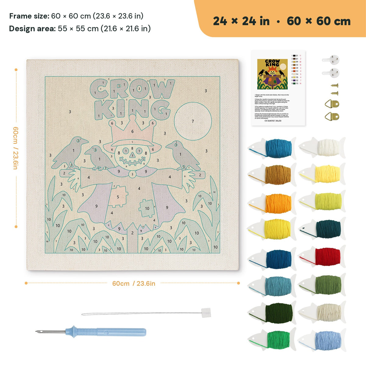 Crow King Scarecrow punch needle kit, 24 × 24 in (60 × 60 cm): canvas size and kit contents