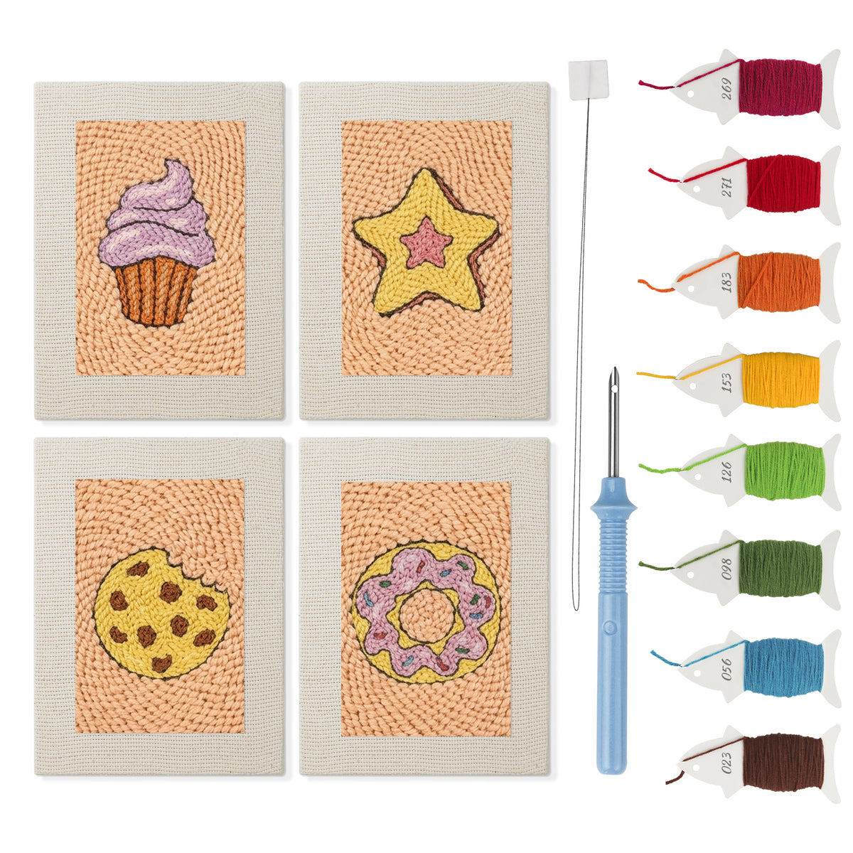 Cupcake and Donut mini punch needle kit set: four finished canvases with threads, punch needle and threader