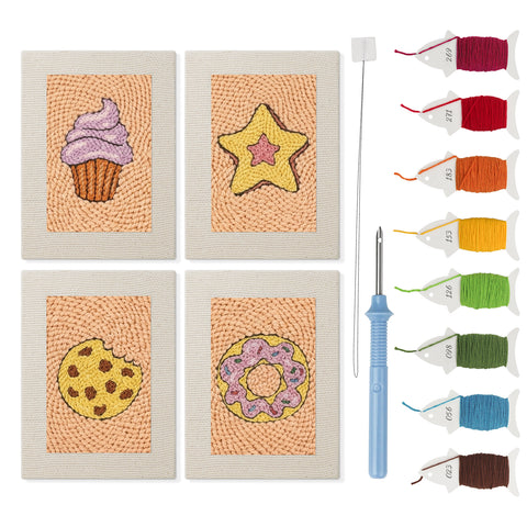 Cupcake and Donut mini punch needle kit set: four finished canvases with threads, punch needle and threader