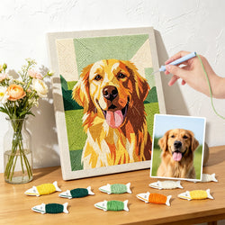 Custom punch needle kit made from a photo of a dog, with the original photo, threads and a hand punching