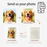 From photo to punch needle: your photo becomes an illustration, then a numbered canvas you punch yourself