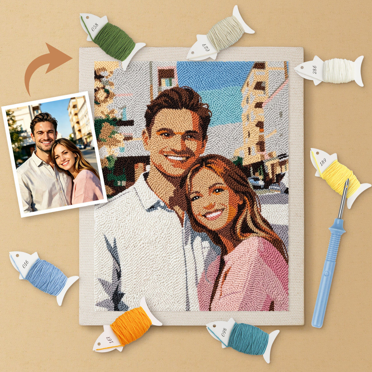 Custom punch needle canvas of a couple next to their original photo, with threads and punch needle