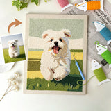 Custom punch needle canvas of a small white dog next to the original photo