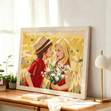 Finished custom punch needle canvas of two children standing on a sideboard