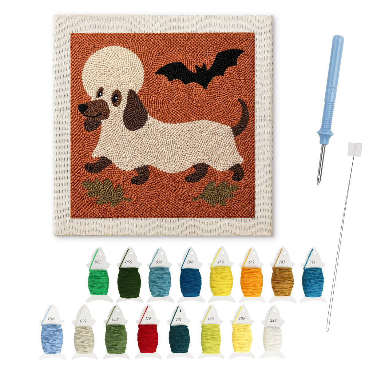 Dachshund Ghost punch needle kit: finished canvas with threads, punch needle and threader