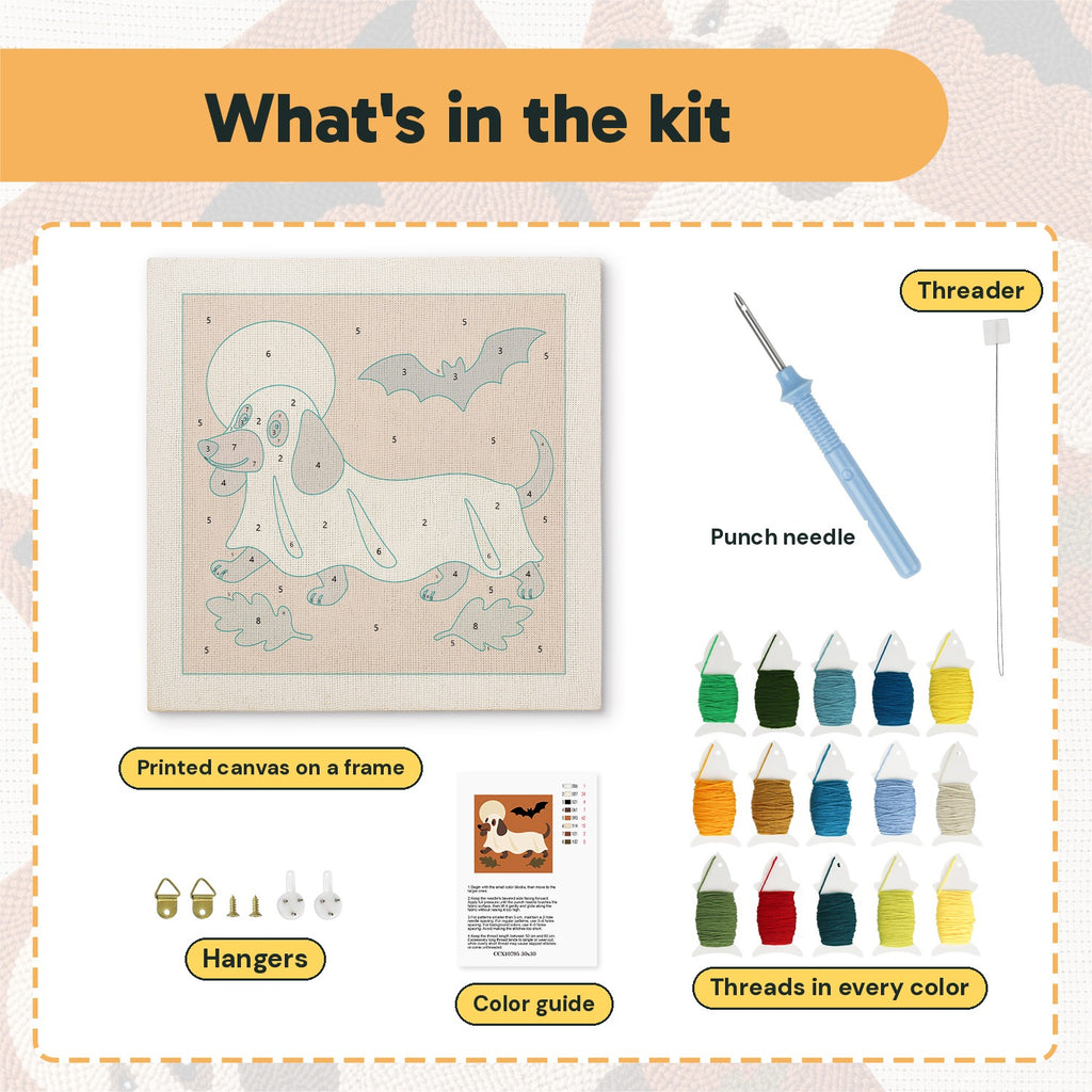 What is in the Dachshund Ghost kit: printed canvas, punch needle, threader, threads, color guide and hangers