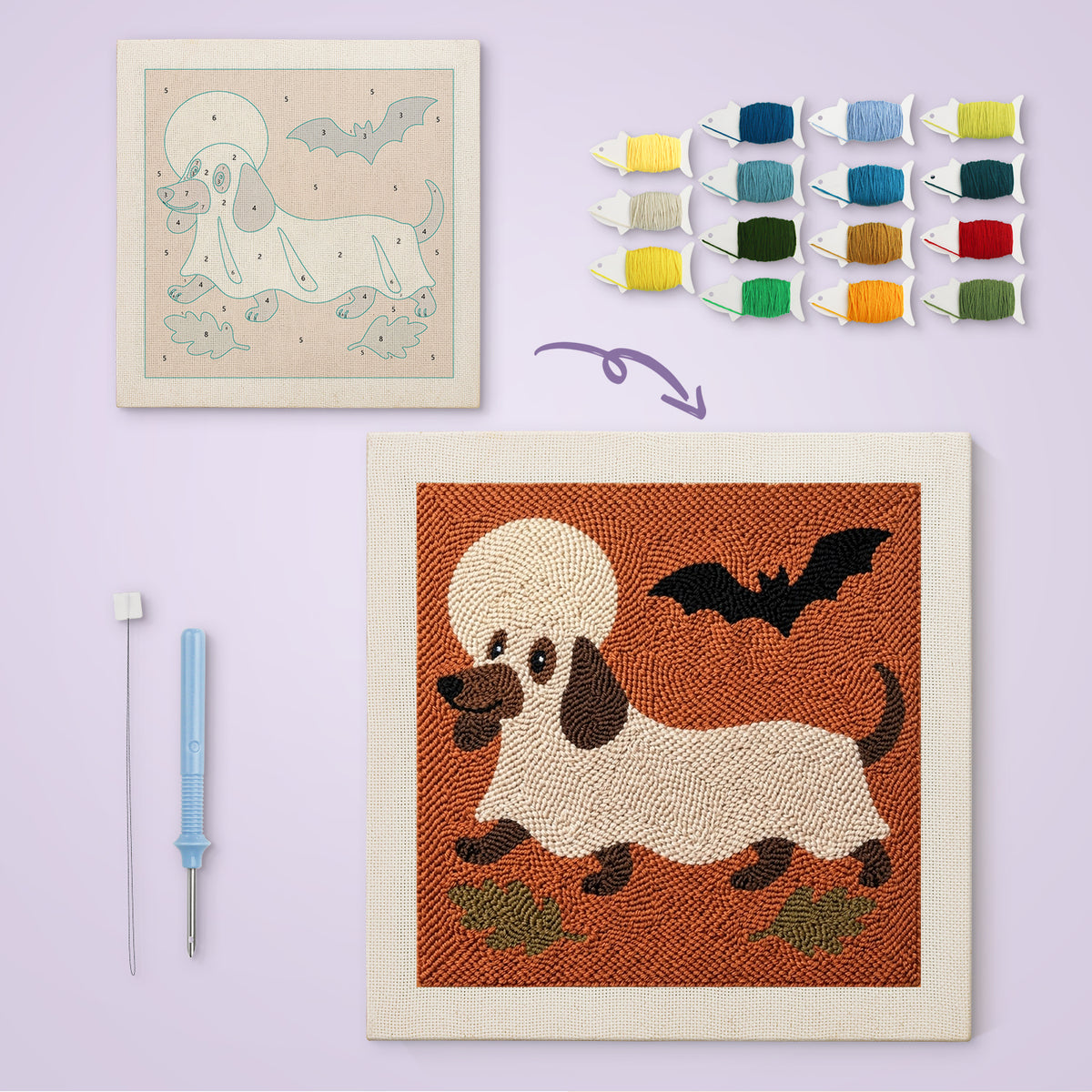 Dachshund Ghost canvas before and after punching, with the threads and tools