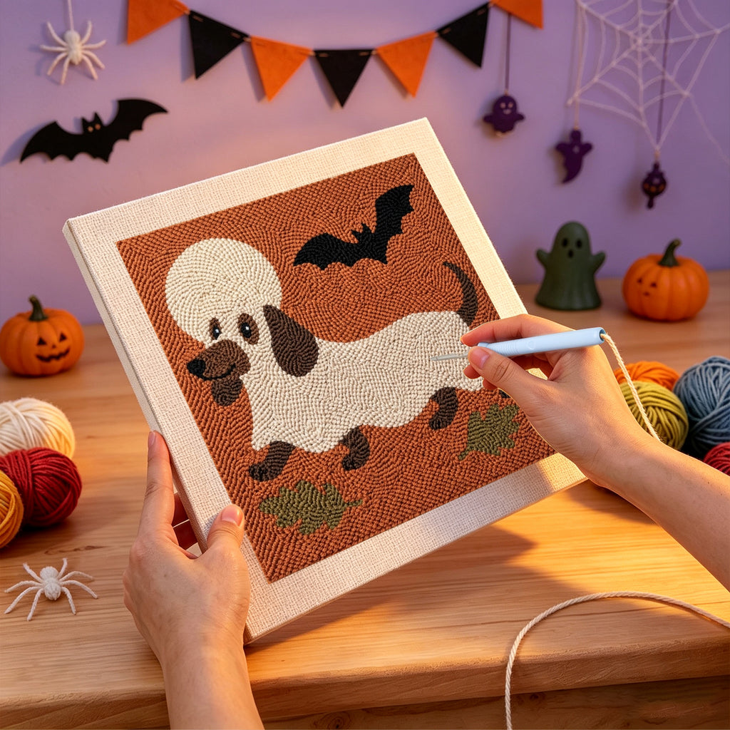 Punching the Dachshund Ghost design with the punch needle