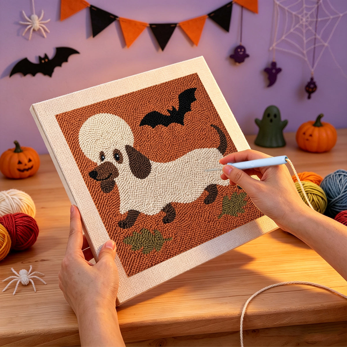 Punching the Dachshund Ghost design with the punch needle