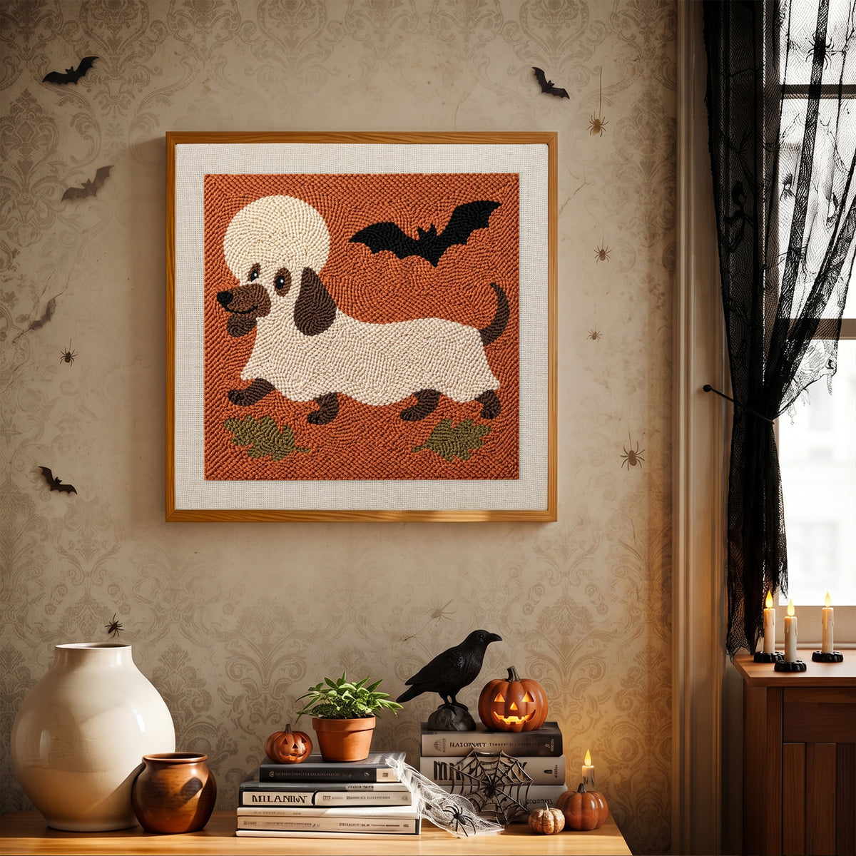 Finished Dachshund Ghost punch needle canvas on a wall