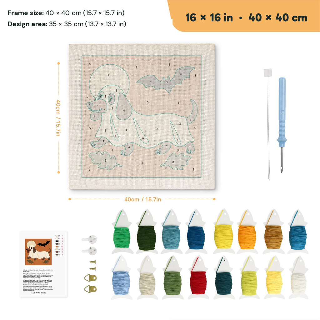 Dachshund Ghost punch needle kit, 16 × 16 in (40 × 40 cm): canvas size and kit contents