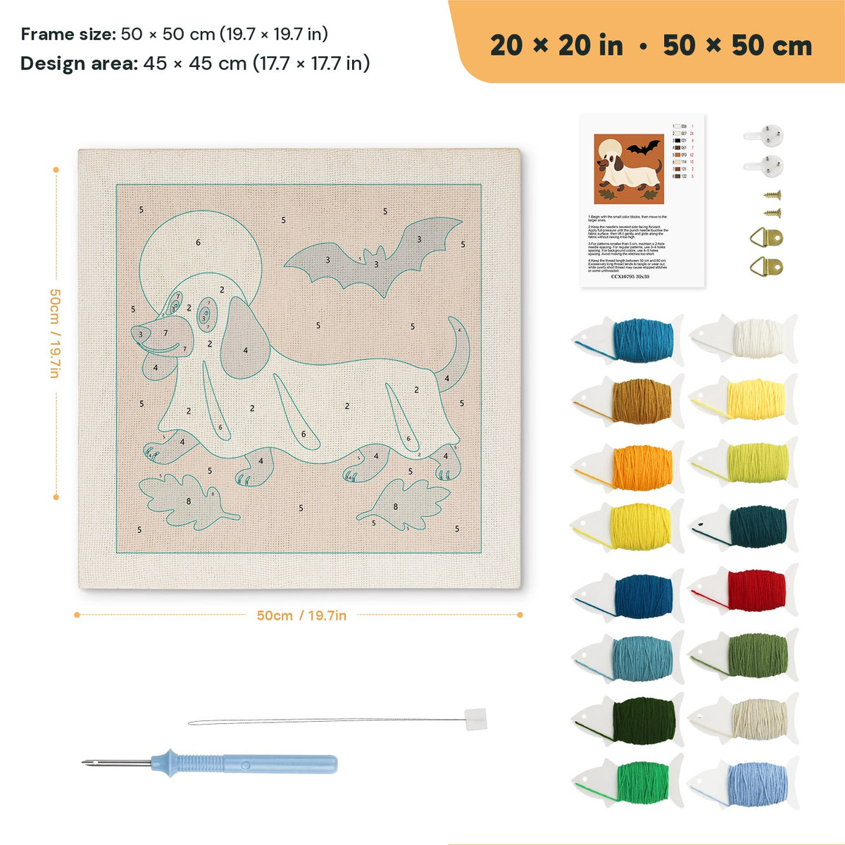 Dachshund Ghost punch needle kit, 20 × 20 in (50 × 50 cm): canvas size and kit contents