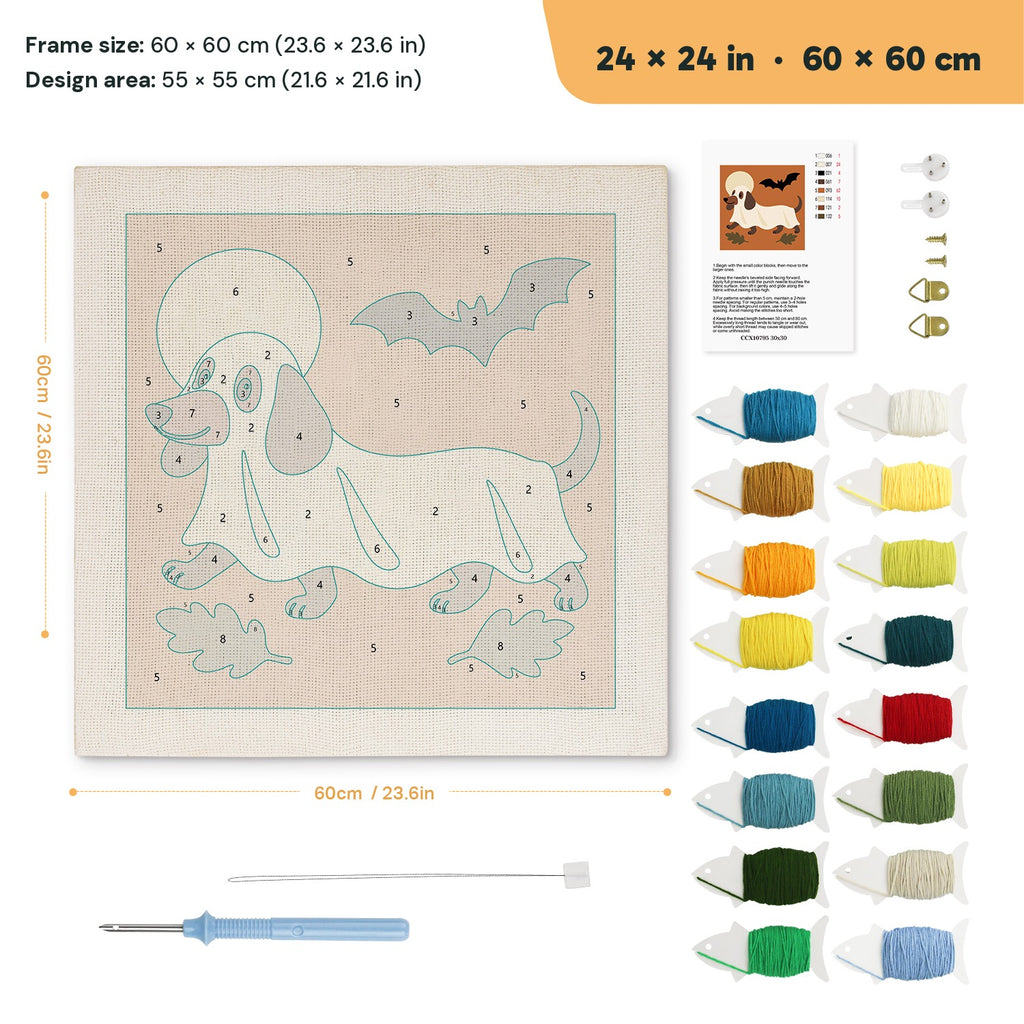 Dachshund Ghost punch needle kit, 24 × 24 in (60 × 60 cm): canvas size and kit contents