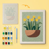 Daffodil Bowl canvas before and after punching, with the threads and tools