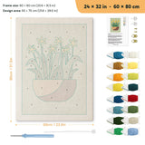 Daffodil Bowl punch needle kit, 24 × 32 in (60 × 80 cm): canvas size and kit contents