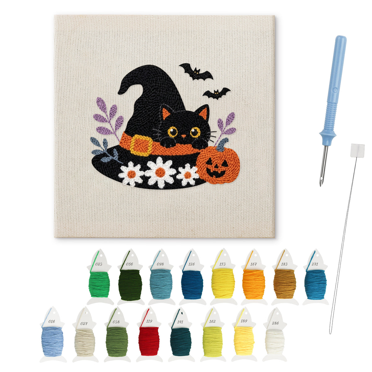Daisy Hat Cat punch needle kit: finished canvas with threads, punch needle and threader
