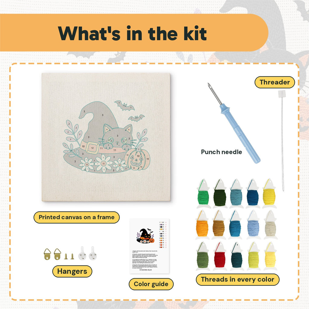 What is in the Daisy Hat Cat kit: printed canvas, punch needle, threader, threads, color guide and hangers