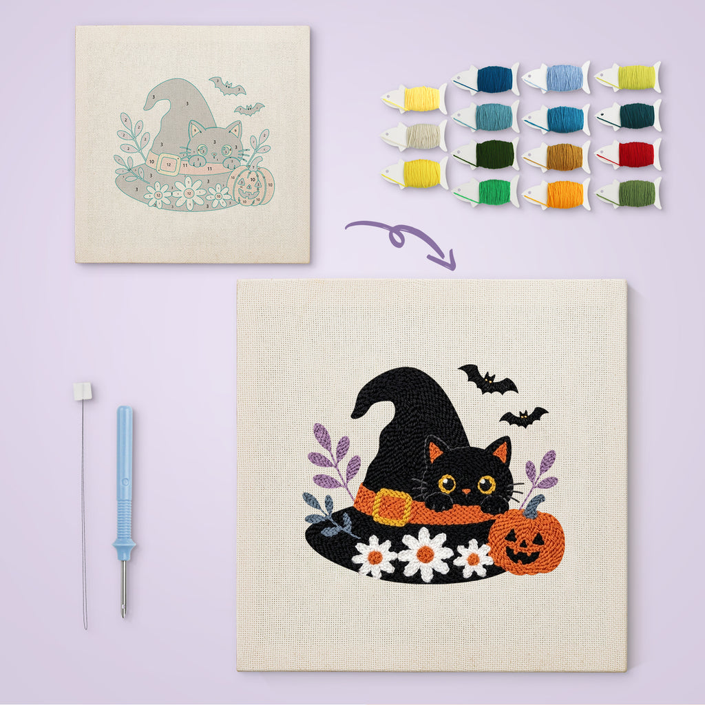 Daisy Hat Cat canvas before and after punching, with the threads and tools