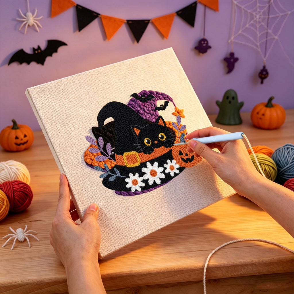 Punching the Daisy Hat Cat design with the punch needle