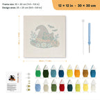 Daisy Hat Cat punch needle kit, 12 × 12 in (30 × 30 cm): canvas size and kit contents