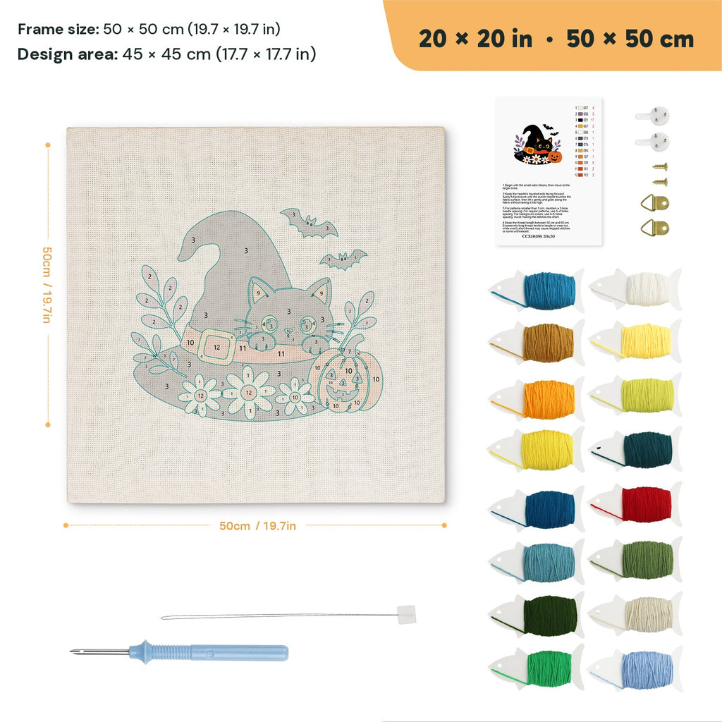 Daisy Hat Cat punch needle kit, 20 × 20 in (50 × 50 cm): canvas size and kit contents