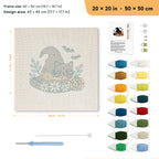 Daisy Hat Cat punch needle kit, 20 × 20 in (50 × 50 cm): canvas size and kit contents