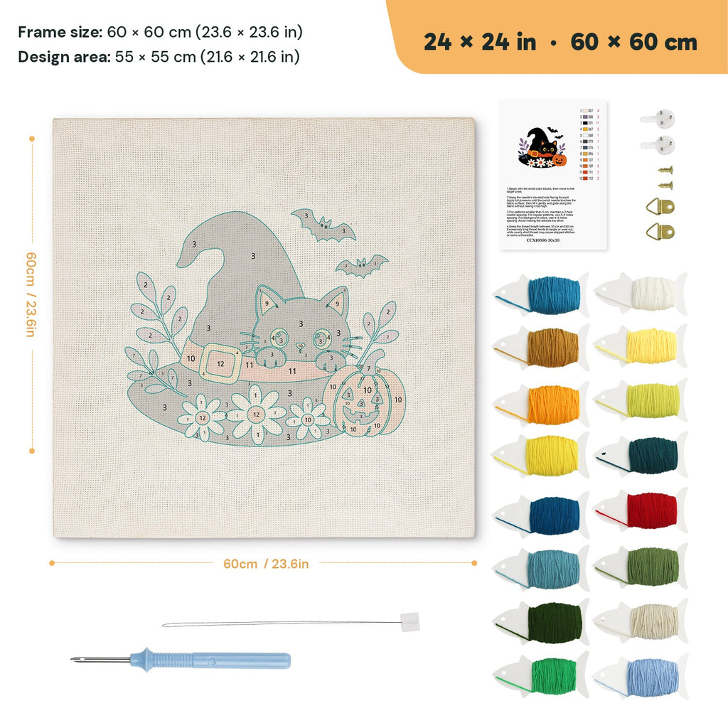 Daisy Hat Cat punch needle kit, 24 × 24 in (60 × 60 cm): canvas size and kit contents