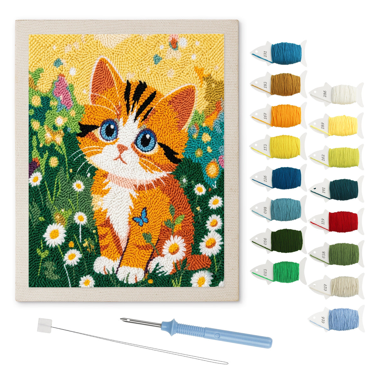 Daisy Meadow Kitten punch needle kit: finished canvas with threads, punch needle and threader