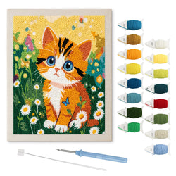 Daisy Meadow Kitten punch needle kit: finished canvas with threads, punch needle and threader