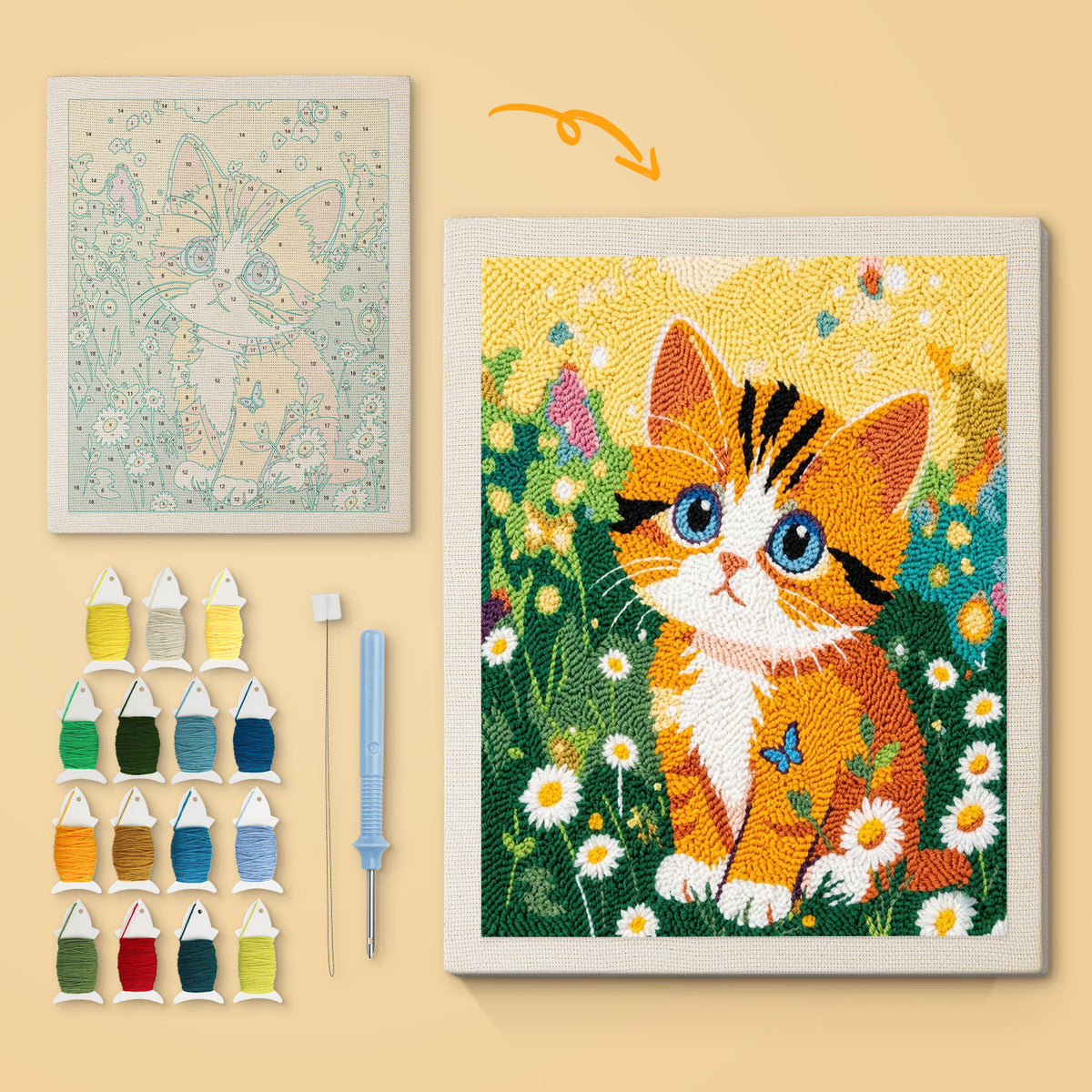 Daisy Meadow Kitten canvas before and after punching, with the threads and tools
