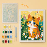 Daisy Meadow Kitten canvas before and after punching, with the threads and tools