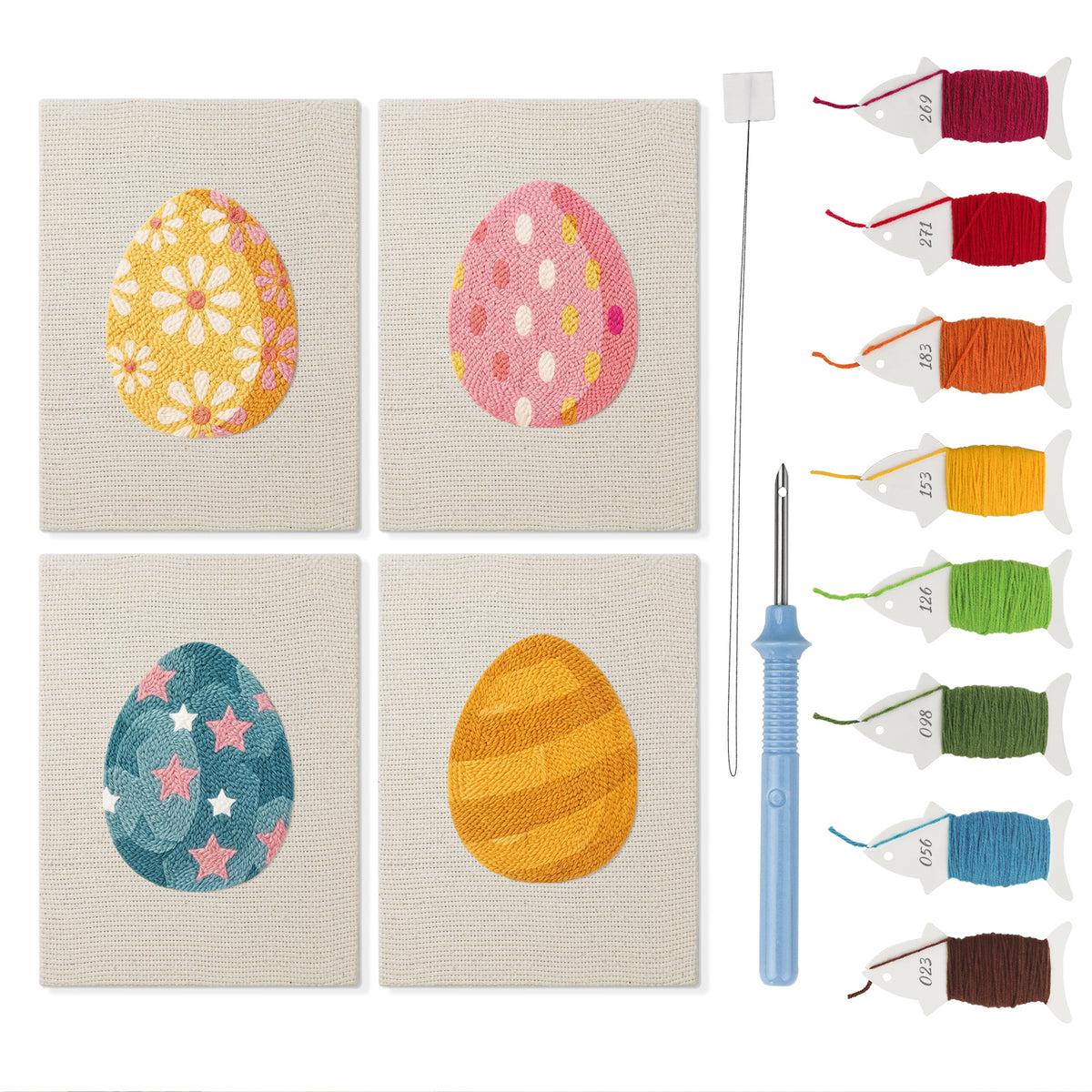 Daisy Star Eggs mini punch needle kit set: four finished canvases with threads, punch needle and threader