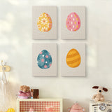 The four Daisy Star Eggs mini canvases on a wall above a shelf