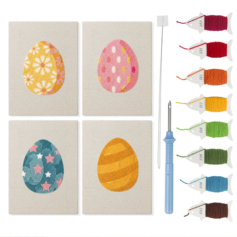 Daisy Star Eggs mini punch needle kit set: four finished canvases with threads, punch needle and threader