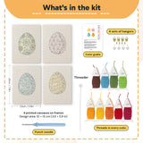 What is in the Daisy Star Eggs set: 4 printed canvases, punch needle, threader, threads, color guide and 4 sets of hangers (6 × 8 in (15 × 20 cm) each)