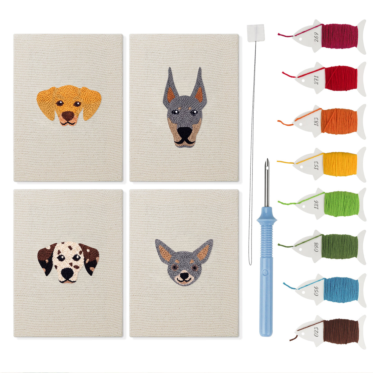 Dalmatian and Pals mini punch needle kit set: four finished canvases with threads, punch needle and threader
