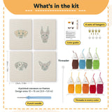 What is in the Dalmatian and Pals set: 4 printed canvases, punch needle, threader, threads, color guide and 4 sets of hangers (6 × 8 in (15 × 20 cm) each)