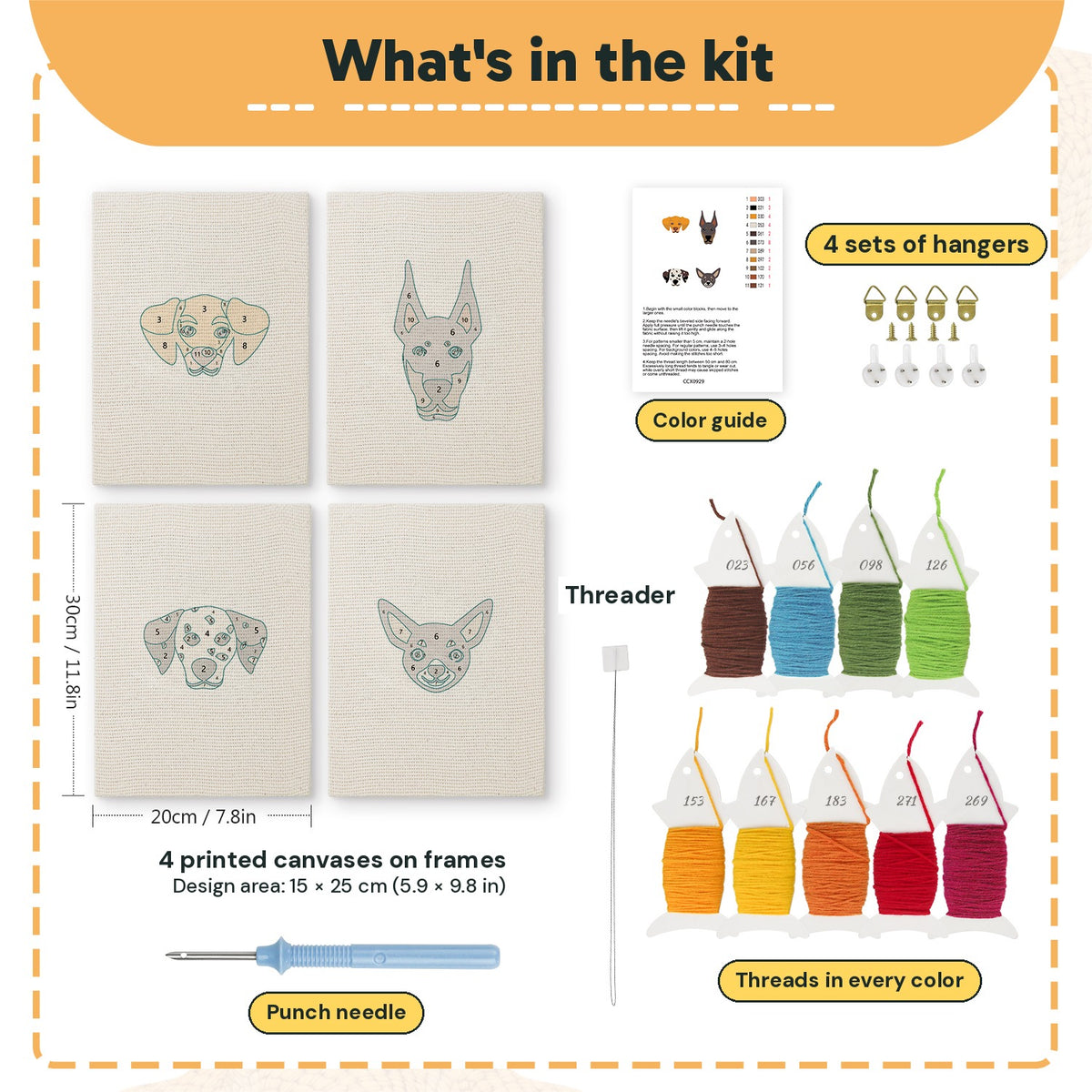 What is in the Dalmatian and Pals set, 8 × 12 in (20 × 30 cm) each: 4 printed canvases, punch needle, threader, threads, color guide and 4 sets of hangers