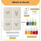 What is in the Dalmatian and Pals set, 8 × 12 in (20 × 30 cm) each: 4 printed canvases, punch needle, threader, threads, color guide and 4 sets of hangers