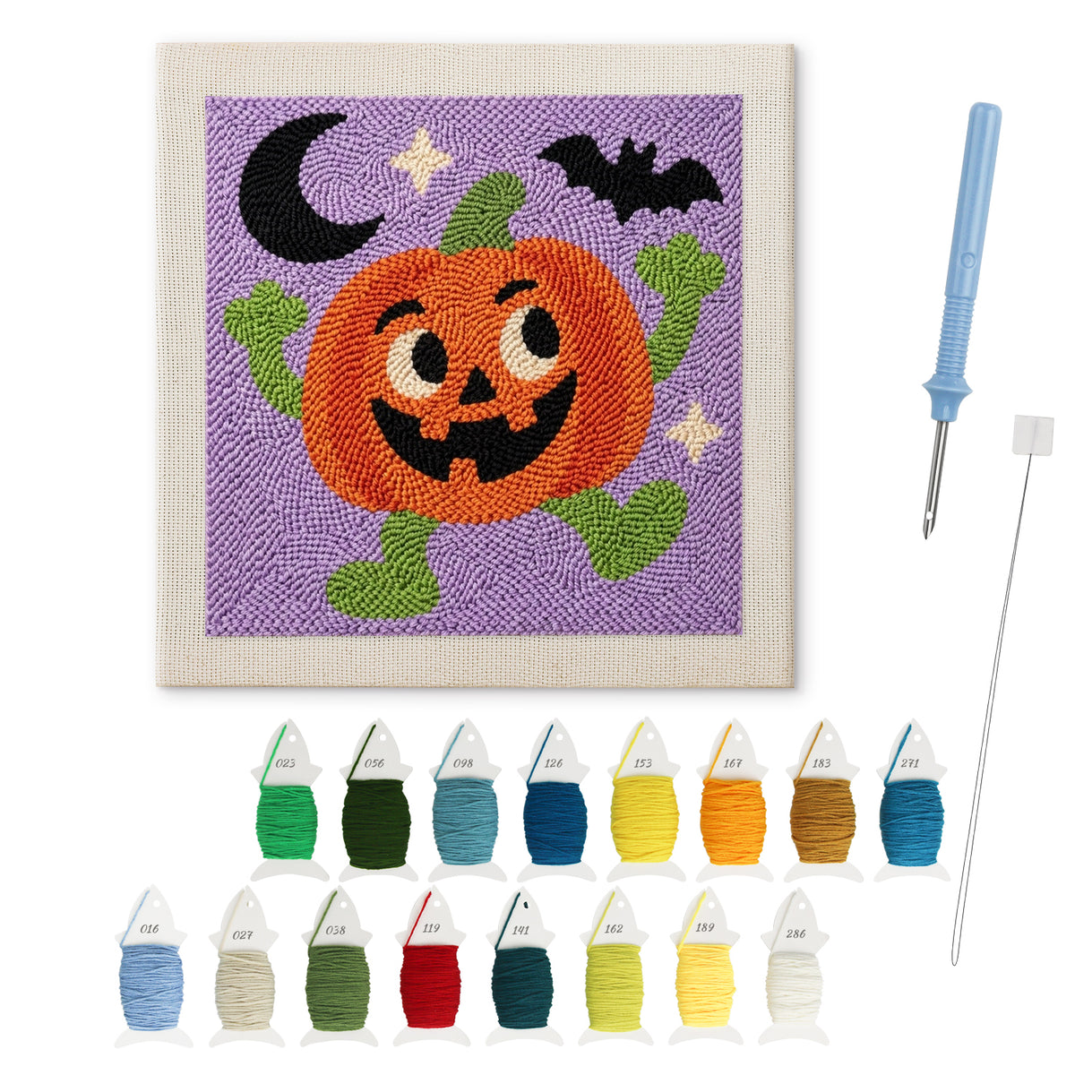 Dancing Jack-o'-Lantern punch needle kit: finished canvas with threads, punch needle and threader