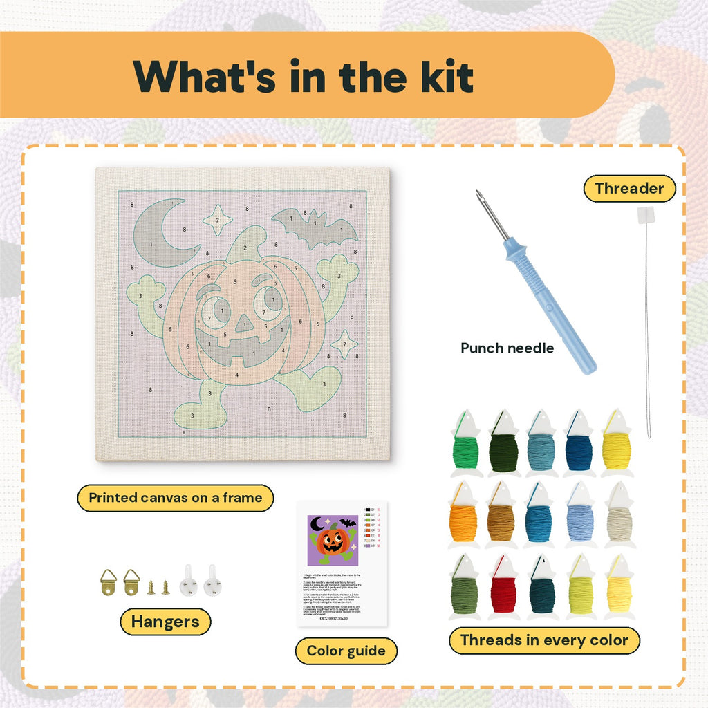 What is in the Dancing Jack-o'-Lantern kit: printed canvas, punch needle, threader, threads, color guide and hangers