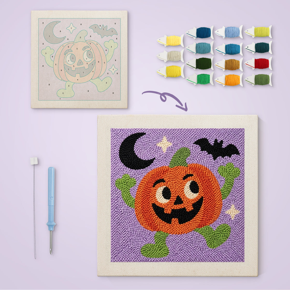 Dancing Jack-o'-Lantern canvas before and after punching, with the threads and tools