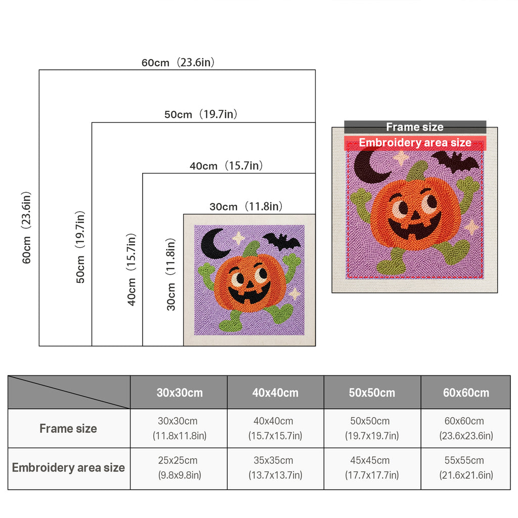 Size chart for square punch needle kits from 30 x 30 cm to 60 x 60 cm